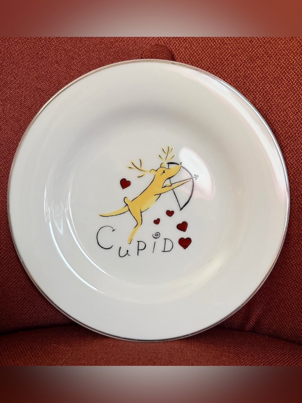 Pottery Barn Cupid Reindeer Christmas Salad/Dessert Plate 8.5" Platinum Rim